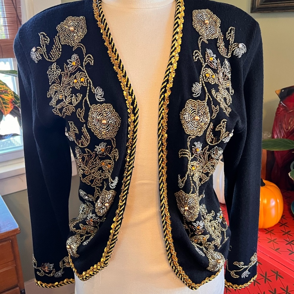 Chic Black and Gold Embroidered Women's Cardigan
